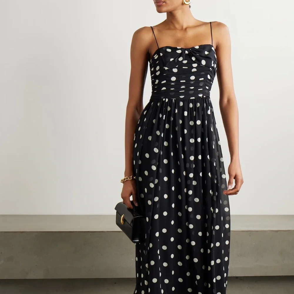 DÔEN Maryanna bow-detailed ruched polka-dot silk-georgette midi dress NWT - Picture 1 of 10